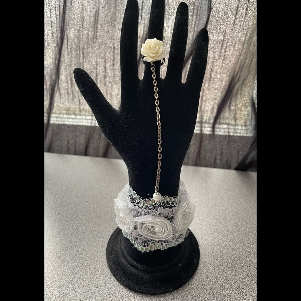 White Lace Cuff Bracelet With Attached Rose Ring
